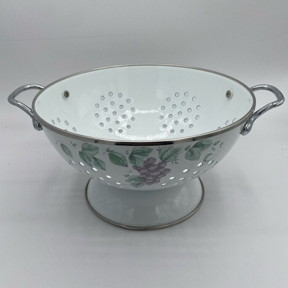 Enamel Over Metal Pedestal Strainer Purple Grapes Chrome Handles Vintage